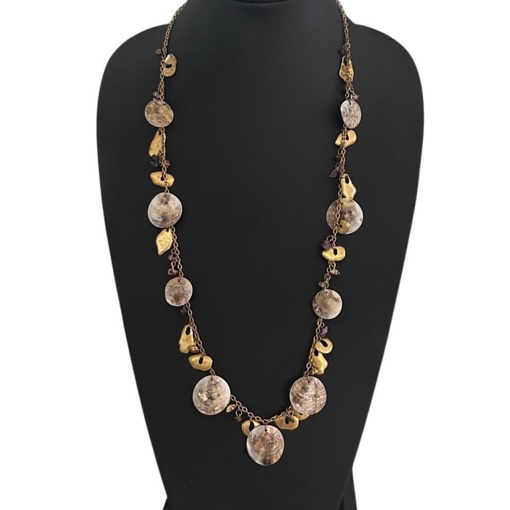 Coldwater Creek Statement Charm Necklace 30" Gold-tone Shells & Amethyst Charms - Picture 4 of 8